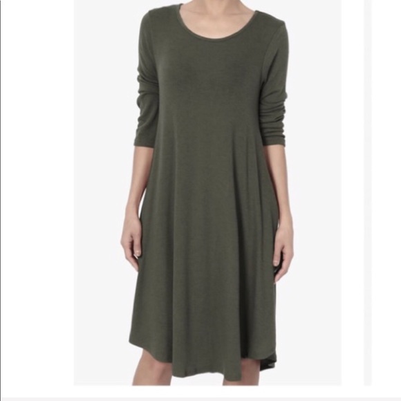 Olive green side pocket 3/4 sleeves swing dress - Picture 3 of 8